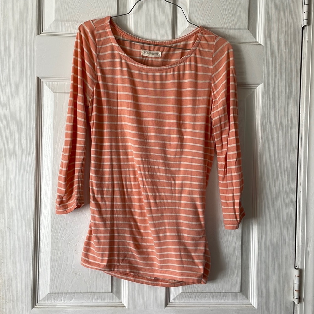 Forever 21 Orange pink white striped scoop neck quarter sleeve top blouse shirt
